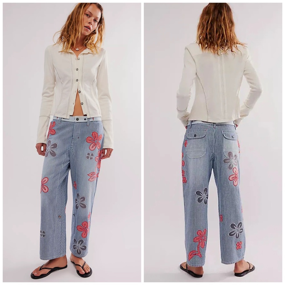 We The Free People Hot Tropics Cuffed Harem Railroad Stripes Flowers Pants 4 NWT